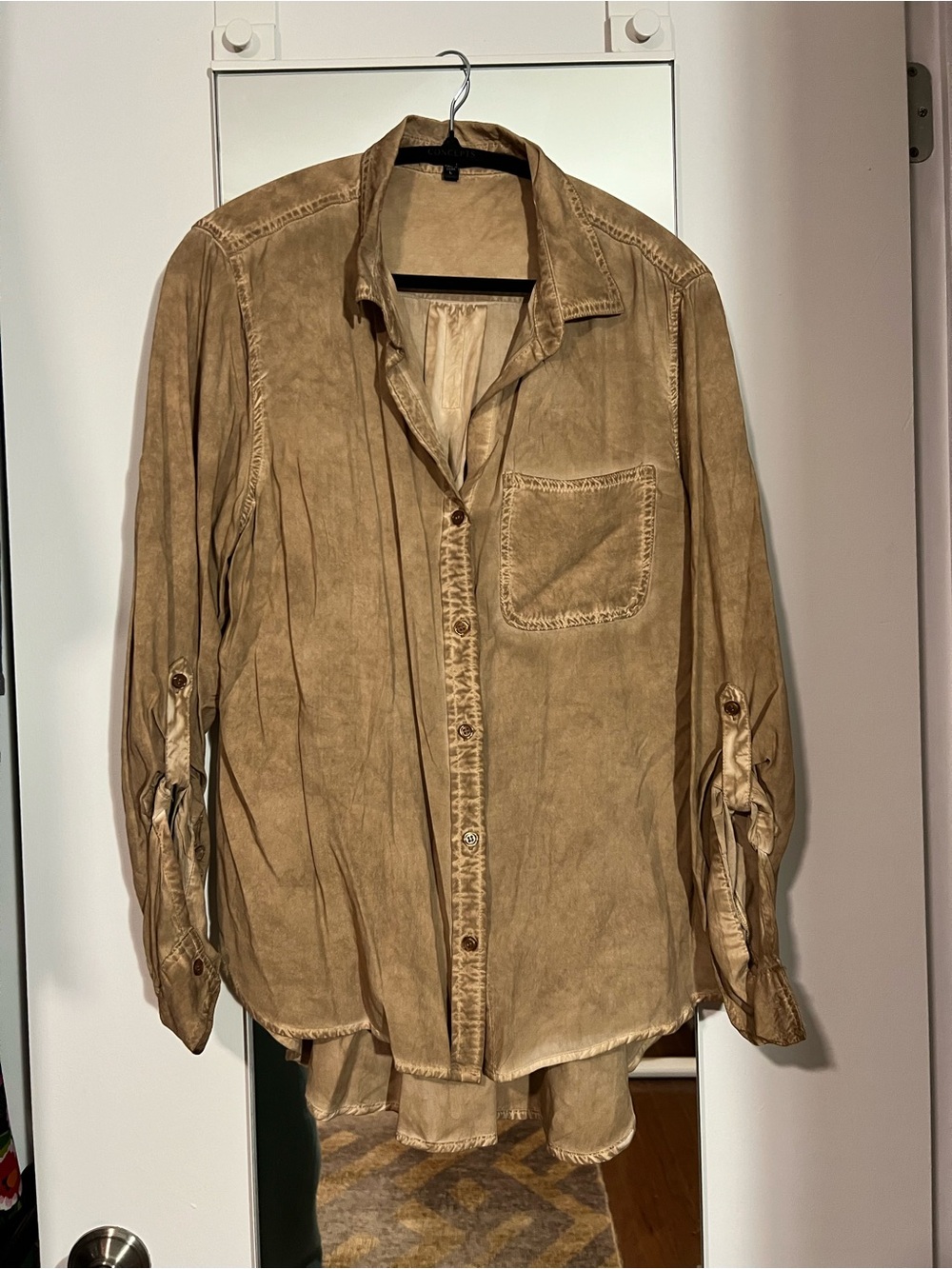 ‘Velvet Heart’ Acid Wash Button Down Shirt Tunic Taupe Brown Size L